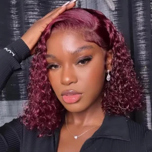Waviii Luxe – Lace Front Wig – Short Human Hair 99J Burgundy Short Bob