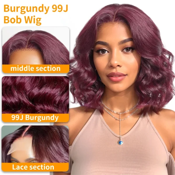 Waviii Glam – Short Curly Wig – Human Hair 99J Burgundy Bob Wig Frontal Lace - Image 2