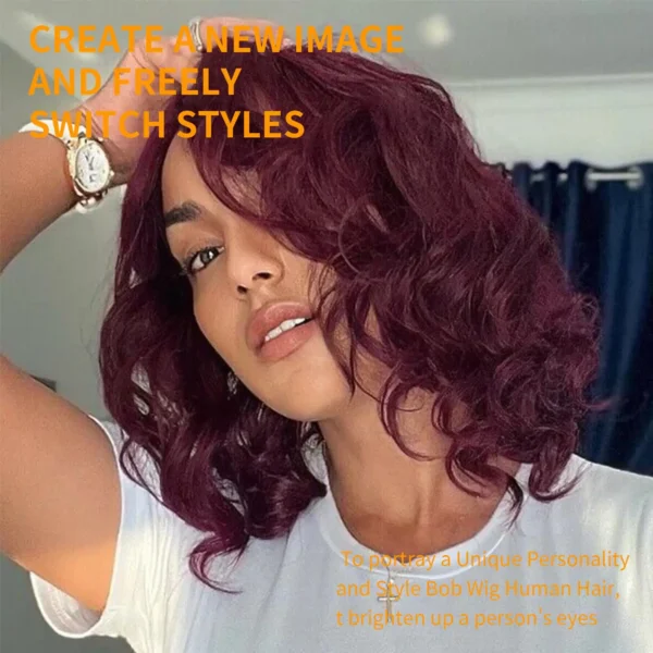 Waviii Glam – Short Curly Wig – Human Hair 99J Burgundy Bob Wig Frontal Lace - Image 4