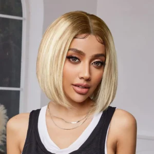 Waviii Elegance – Blunt Cut Blonde Ombre Straight Bob Wigs – Human Hair
