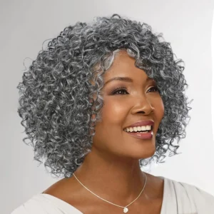 Waviii Glam – Short Curly Wig – Human Hair Silver Grey
