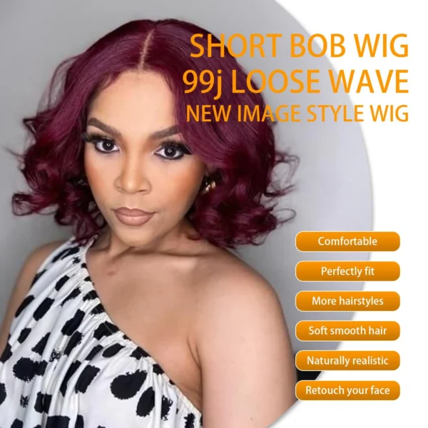 Waviii Glam – Short Curly Wig – Human Hair 99J Burgundy Bob Wig Frontal Lace - Image 3