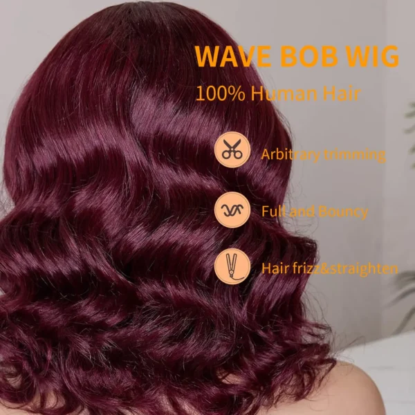 Waviii Glam – Short Curly Wig – Human Hair 99J Burgundy Bob Wig Frontal Lace - Image 5