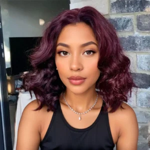 Waviii Glam – Short Curly Wig – Human Hair 99J Burgundy Bob Wig Frontal Lace