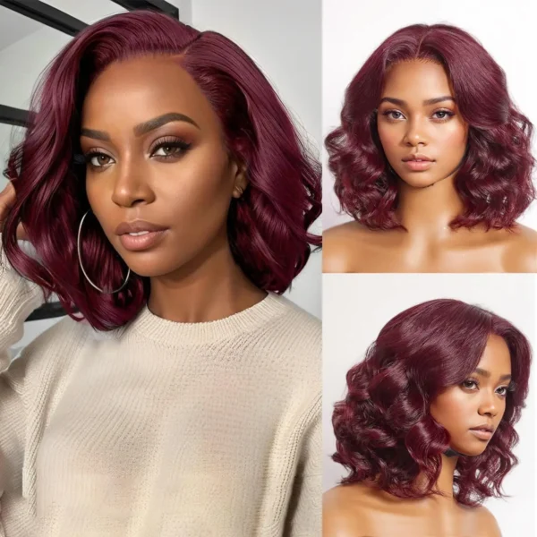 Waviii Glam – Short Curly Wig – Human Hair 99J Burgundy Bob Wig Frontal Lace - Image 6